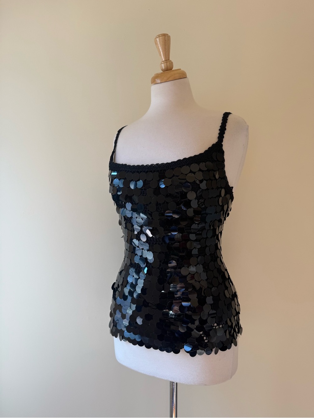 Le Château Black Paillette Sequin Crochet Cami Top Y2K